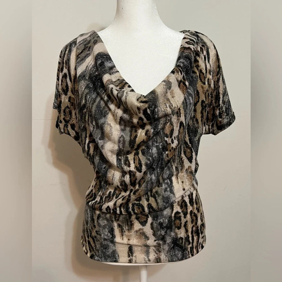 Heart Soul Leopard Printed Sequin Cowl-neck Top Short Sleeve Sweater Small. NWT - Picture 2 of 12